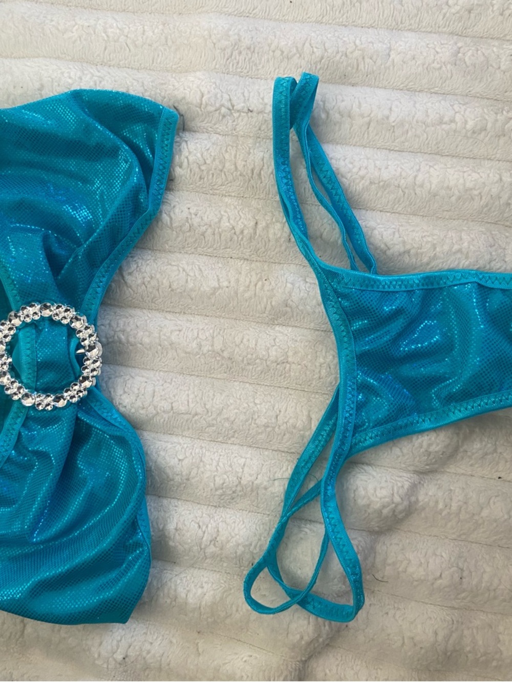 Teal Stripper Bikini Set with Rhinestone Accent